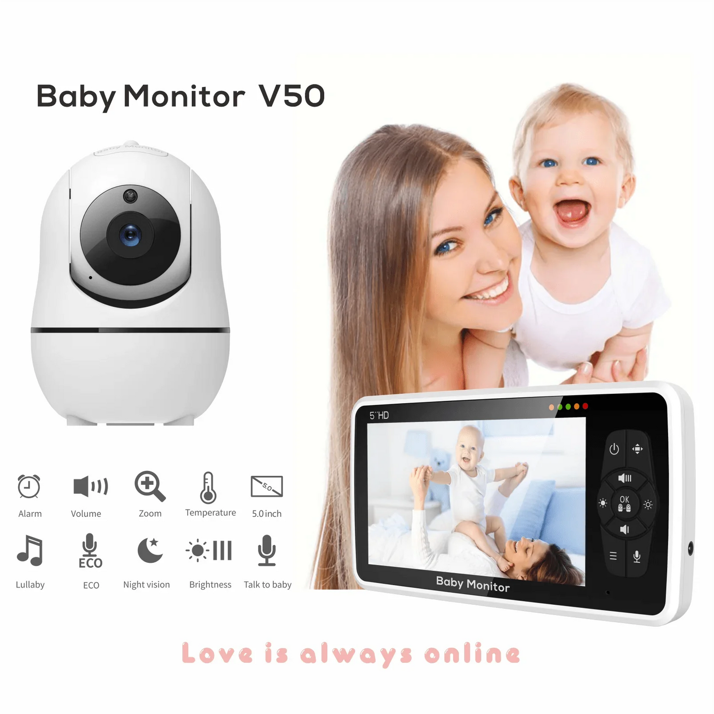 New 5 inch Video Baby Monitor with Camera and Audio, 4X Zoom, 22Hrs Battery, 1000ft Range 2-Way Audio Temperature